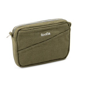 Green pouch with a zipper and 'Soolla' branding on a white background