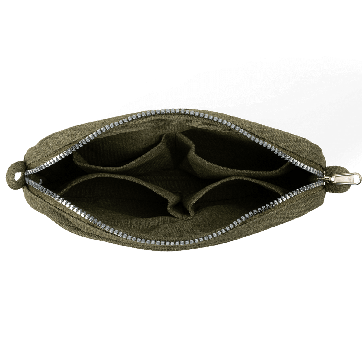 Green pouch with a zipper on a black background