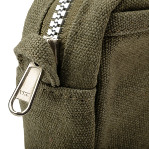 Close-up of a green pouch with a zipper 