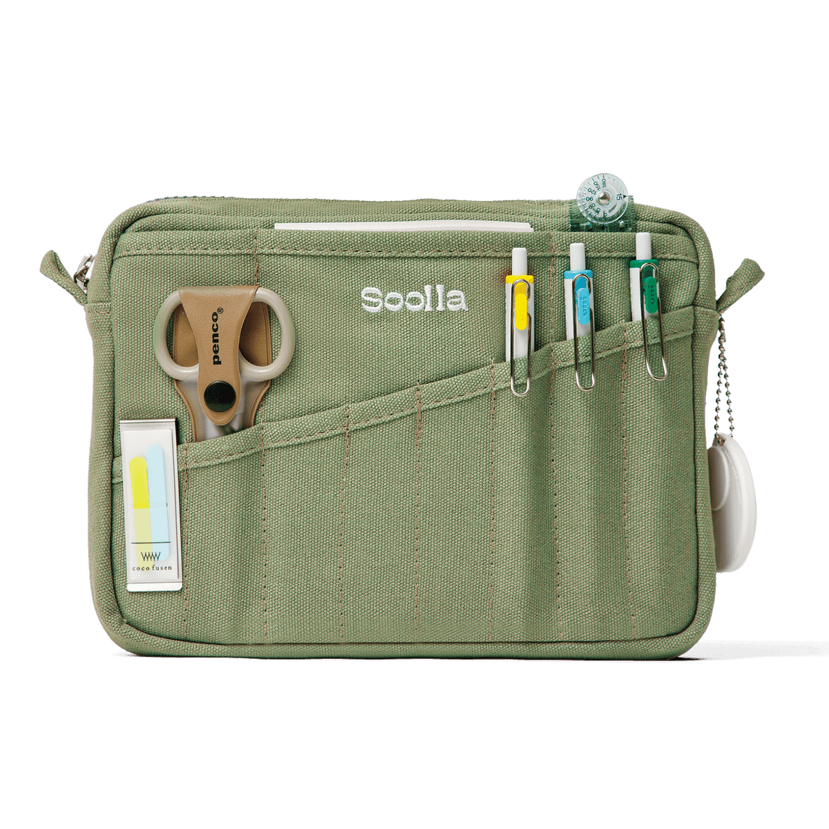 Green pouch with various items including a pair of scissors and markers, branded 'Soolla'.