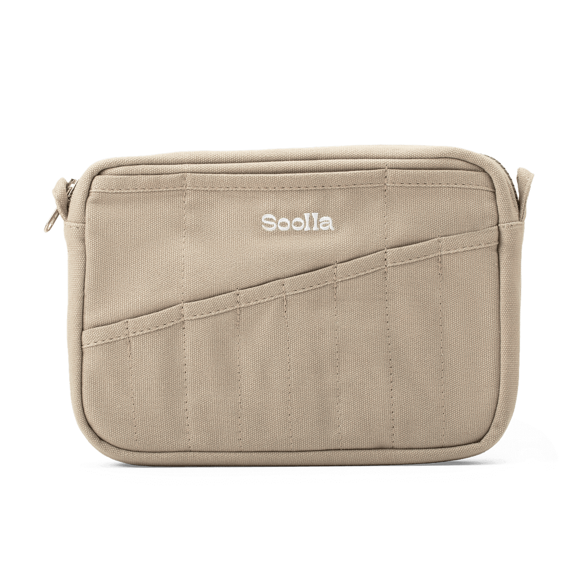 Beige pouch with 'Soolla' branding on a white background