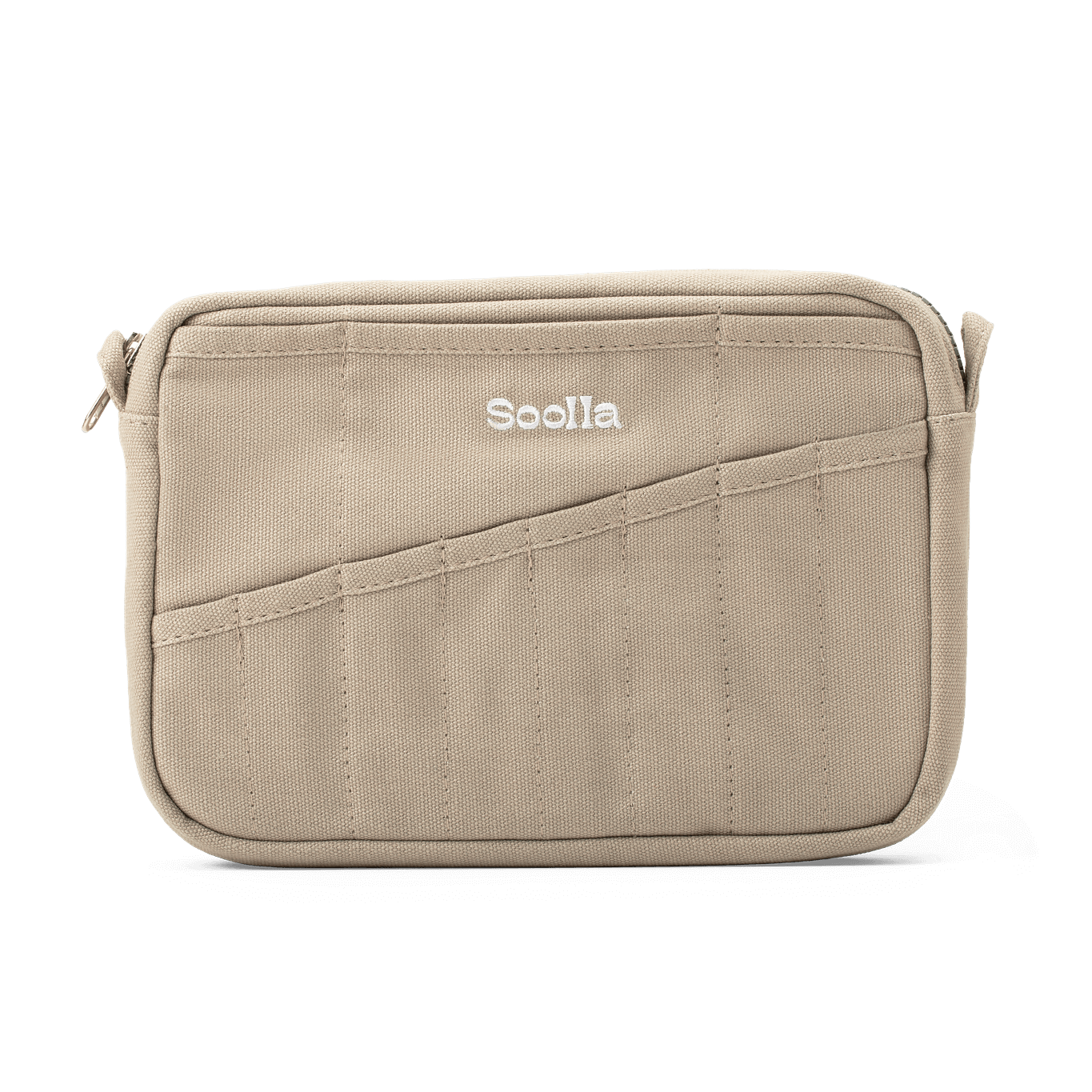 Beige pouch with 'Soolla' branding on a white background