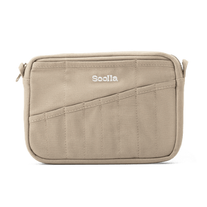 Beige pouch with 'Soolla' branding on a white background
