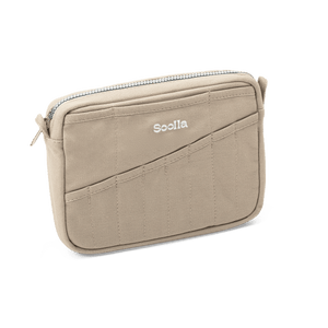 Beige pouch with zipper and 'Soolla' branding on a white background