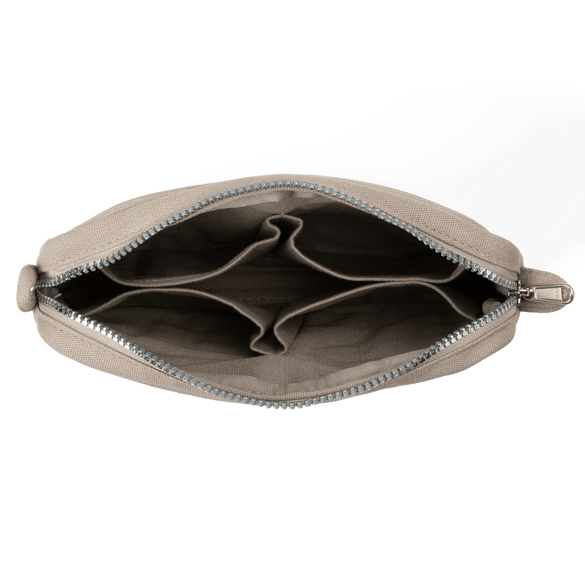 Beige pouch with a zipper on a black background