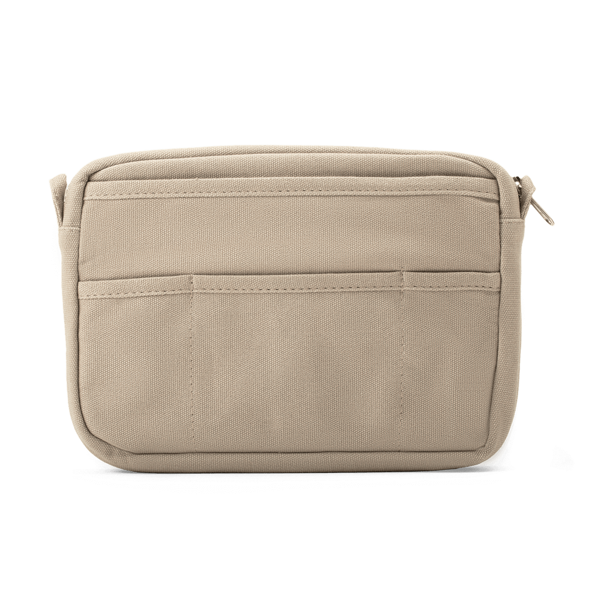 Beige travel pouch with multiple compartments on a white background