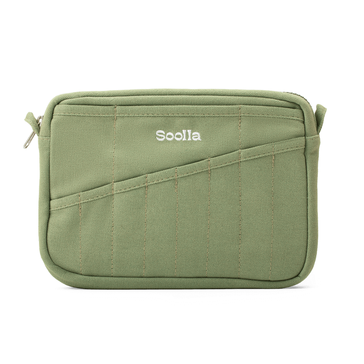 An olive green canvas pouch with a diagonal zippered pocket and the brand name 'Soolla' embroidered in white on the front, shown against a plain white background.