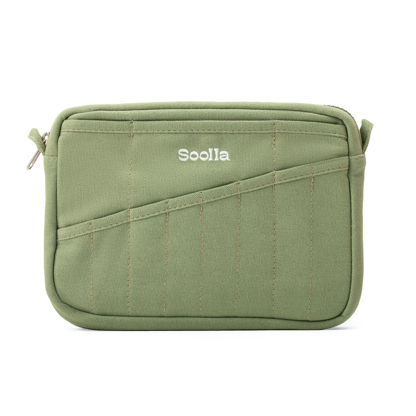 An olive green canvas pouch with a diagonal zippered pocket and the brand name 'Soolla' embroidered in white on the front, shown against a plain white background.