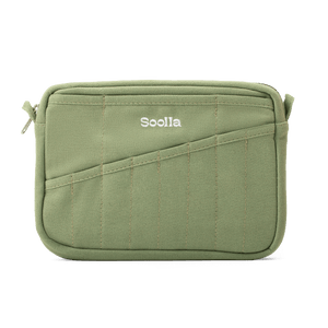 An olive green canvas pouch with a diagonal zippered pocket and the brand name 'Soolla' embroidered in white on the front, shown against a plain white background.