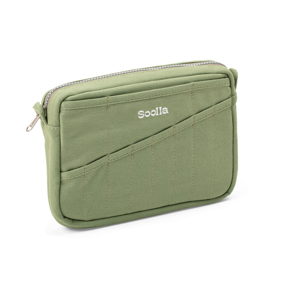 Green pouch with a diagonal zipper and 'Soolla' branding on a white background