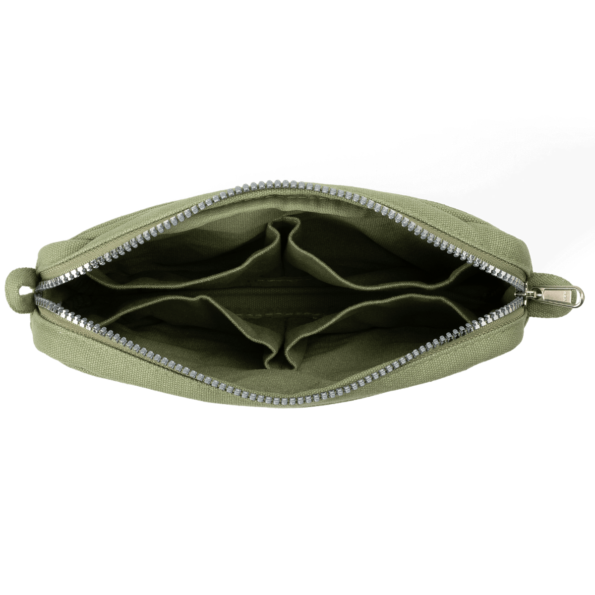 Green zippered pouch on a black background