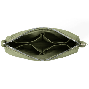 Green zippered pouch on a black background