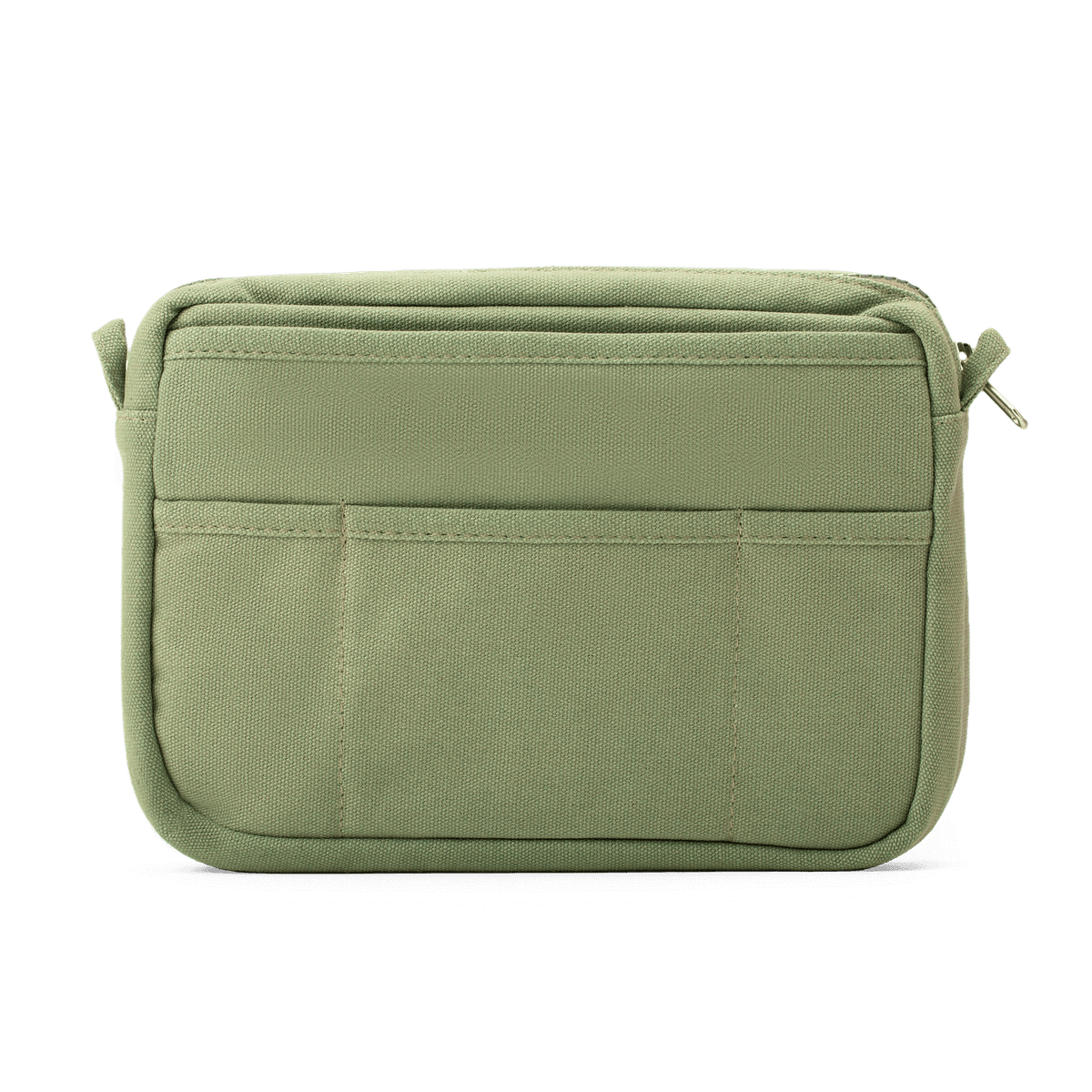 Green pouch with zippers on a white background