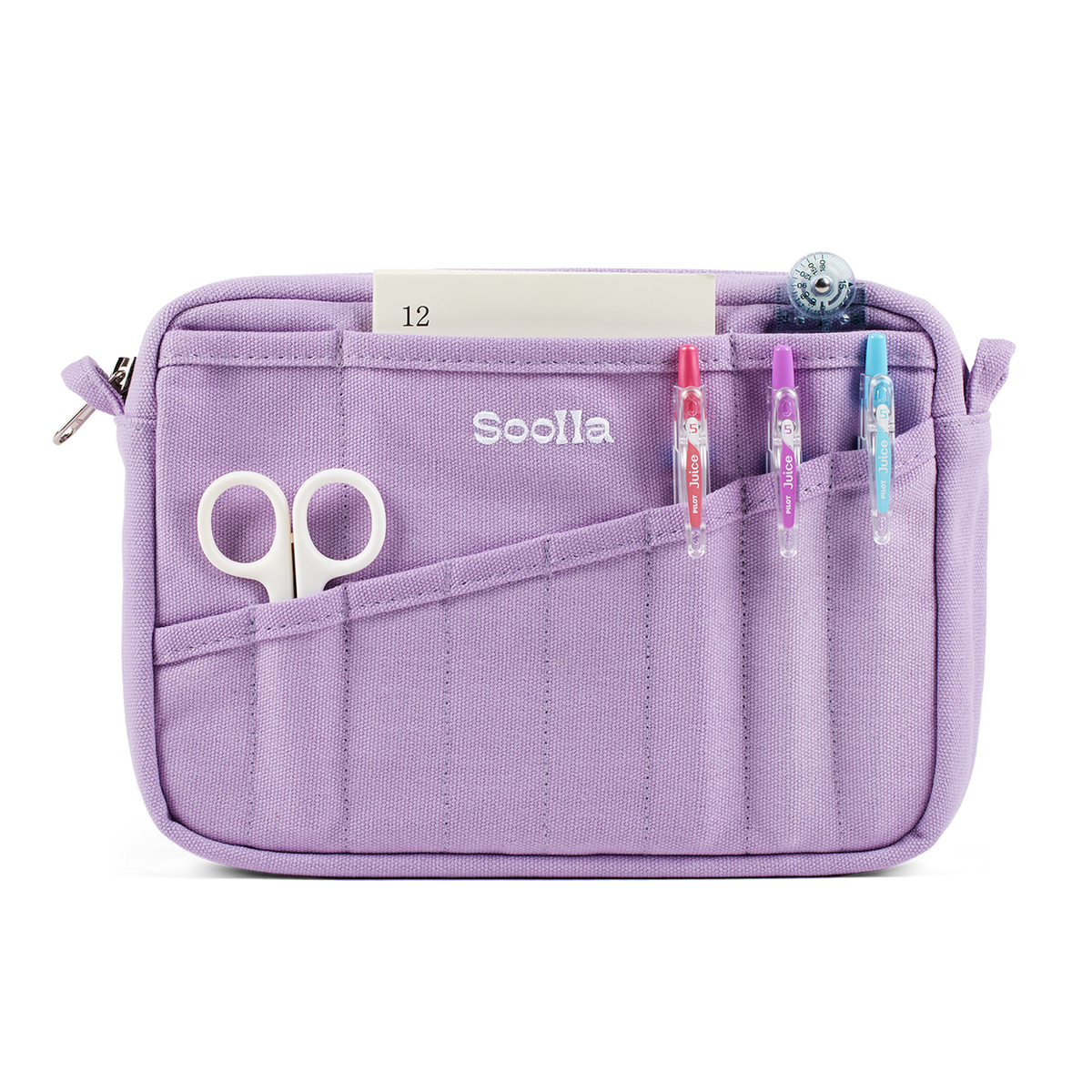 A lavender purple fabric pencil case with multiple pockets, shown on a white background with stationery items inserted. The brand name 'Soolla' is printed on the front.