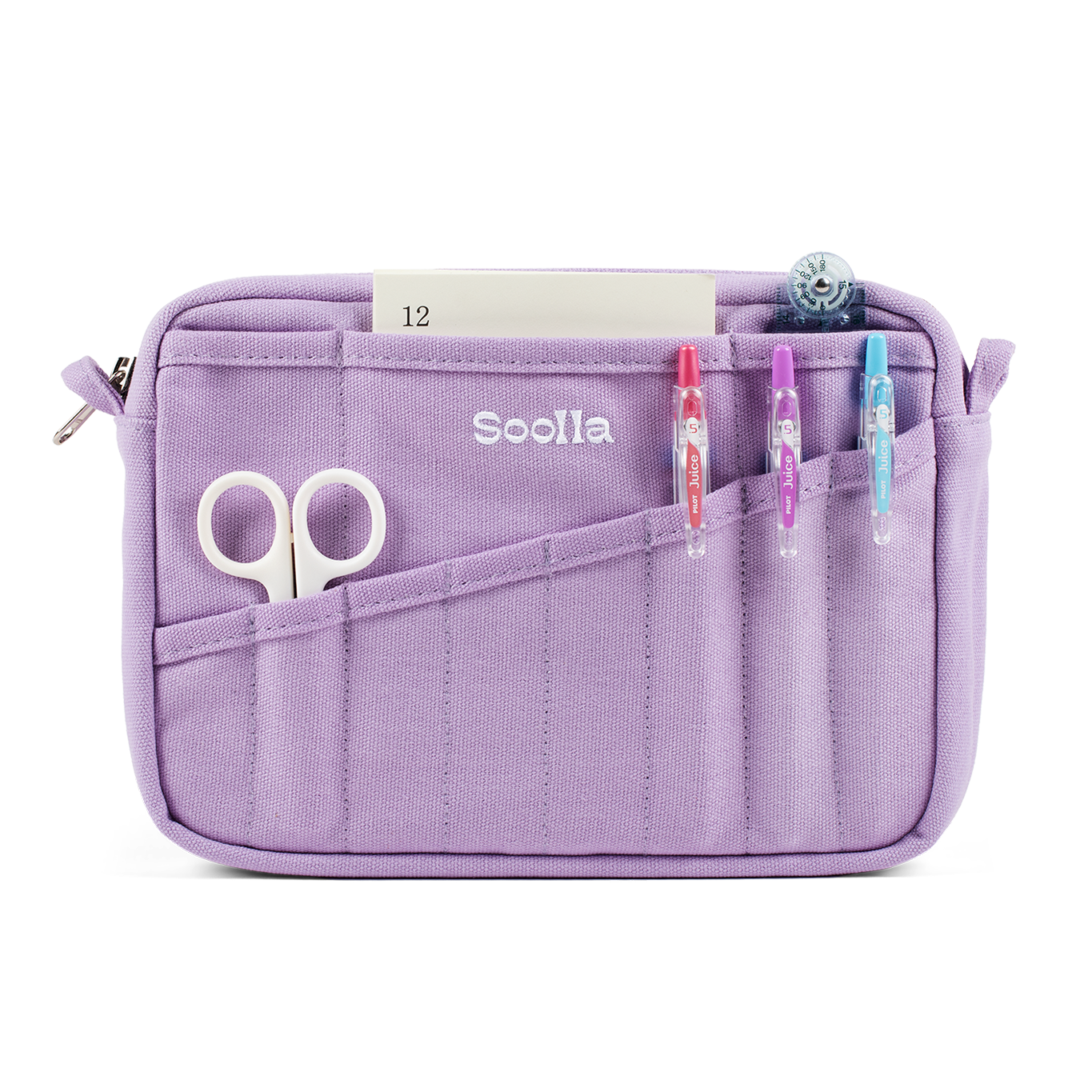 A lavender purple fabric pencil case with multiple pockets, shown on a white background with stationery items inserted. The brand name 'Soolla' is printed on the front.
