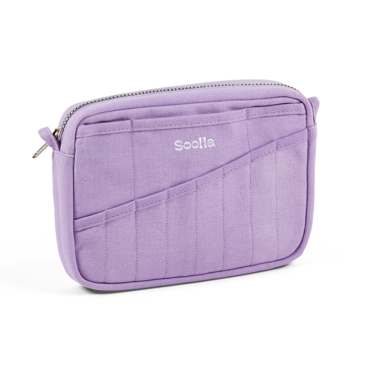 Purple pouch with 'Soolla' branding on a white background