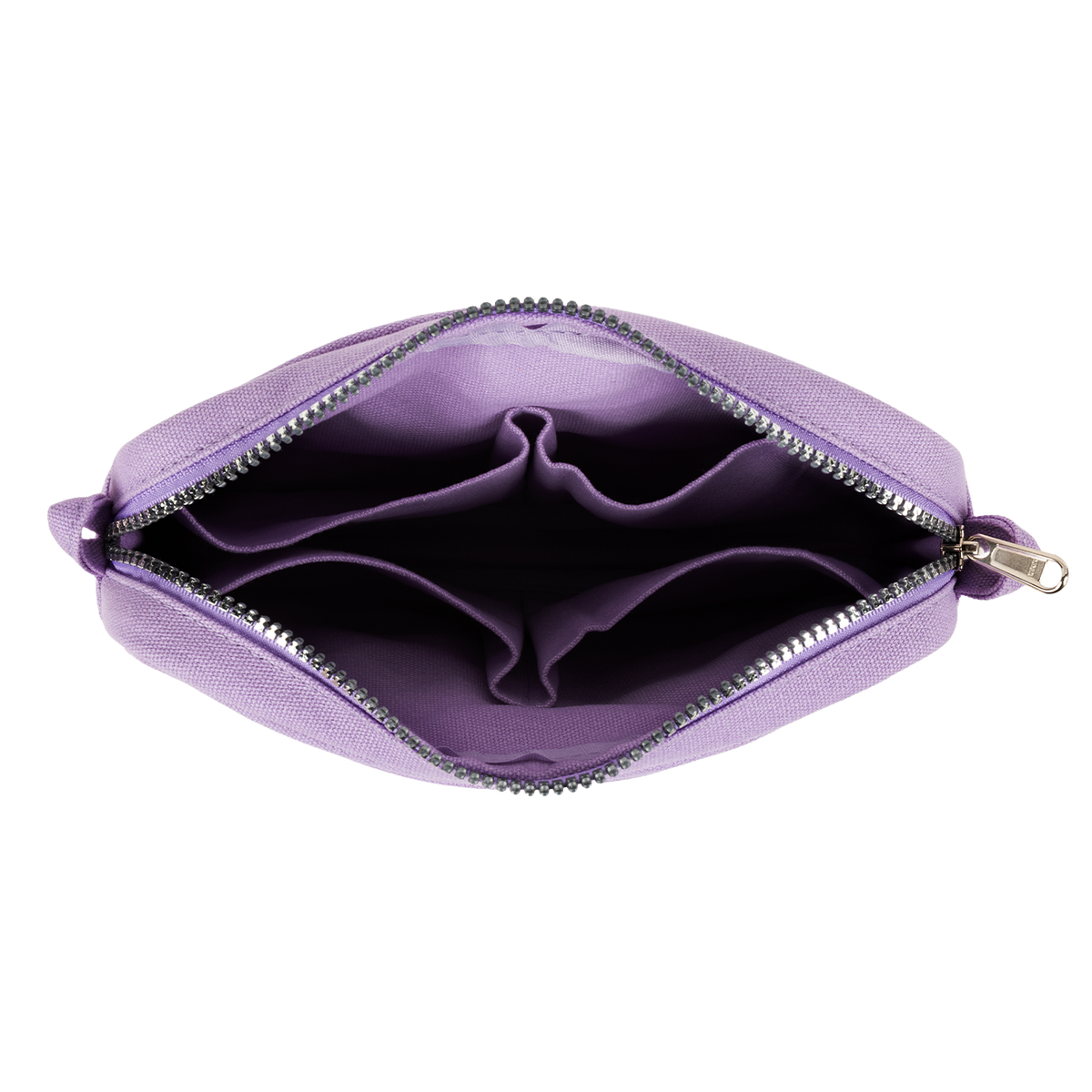 Purple pouch with a zipper on a white background