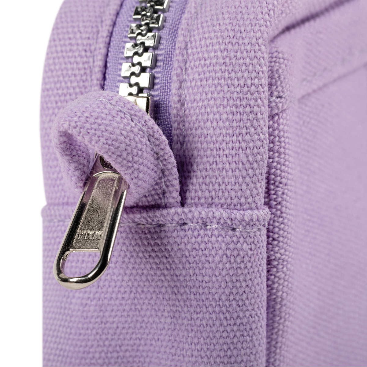 Close-up of a purple pouch with a metal zipper pull.