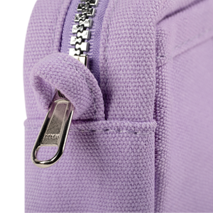 Close-up of a purple pouch with a metal zipper pull.
