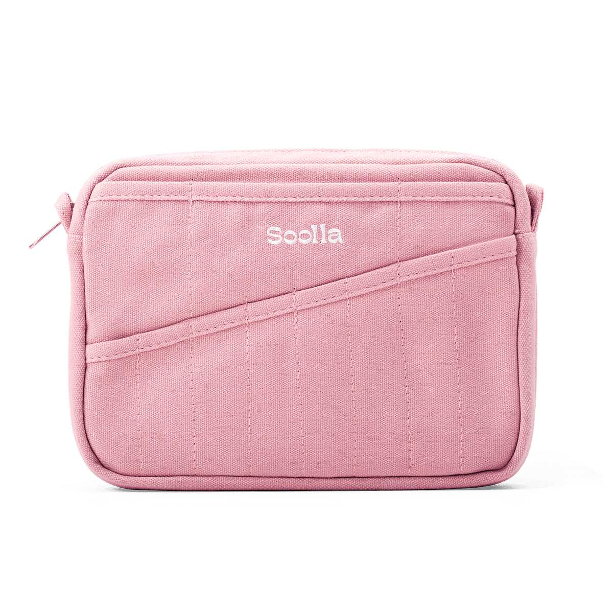 A pink canvas pouch with a diagonal pocket detail and the brand name 'Soolla' printed in white on the front, set against a plain white background.