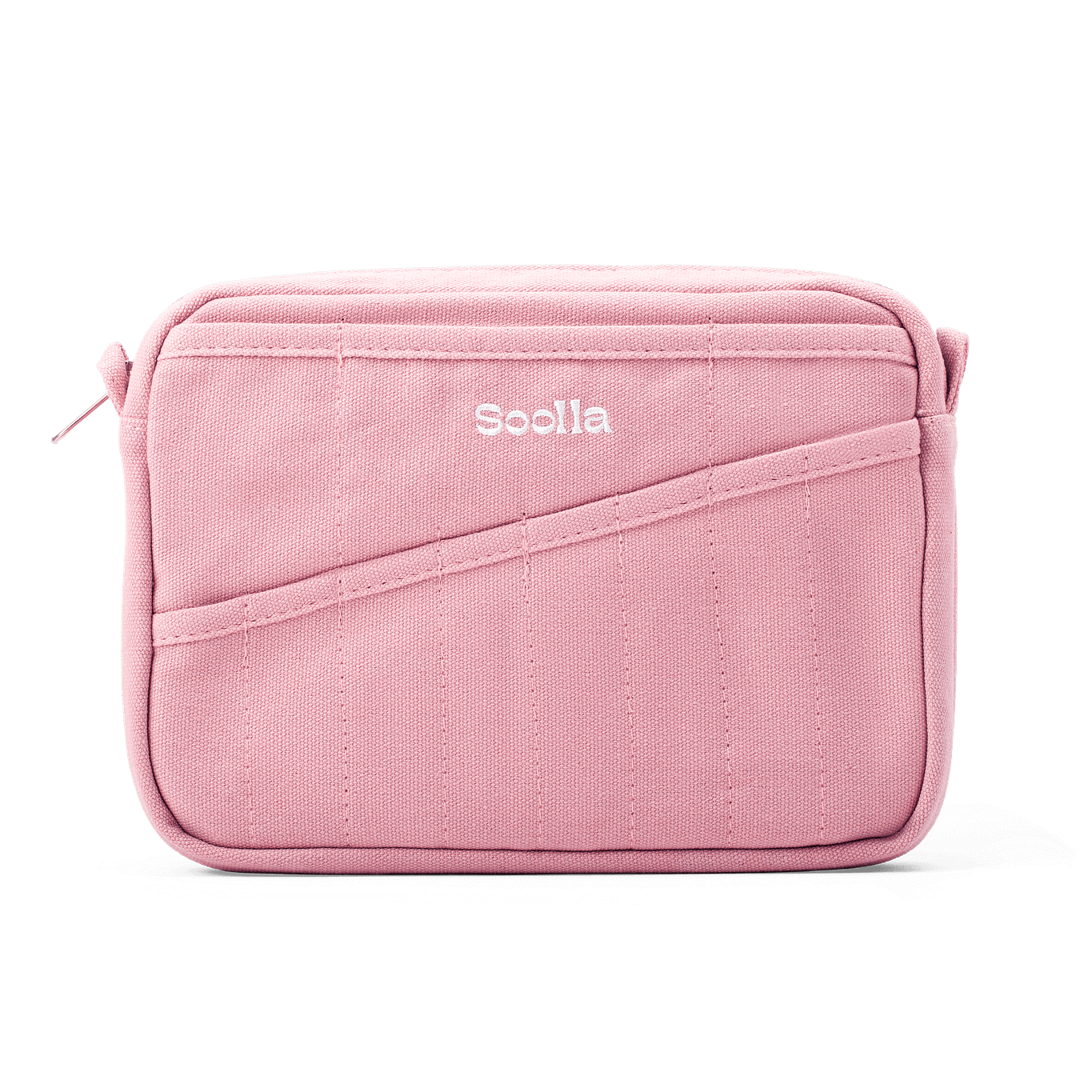 A pink canvas pouch with a diagonal pocket detail and the brand name 'Soolla' printed in white on the front, set against a plain white background.