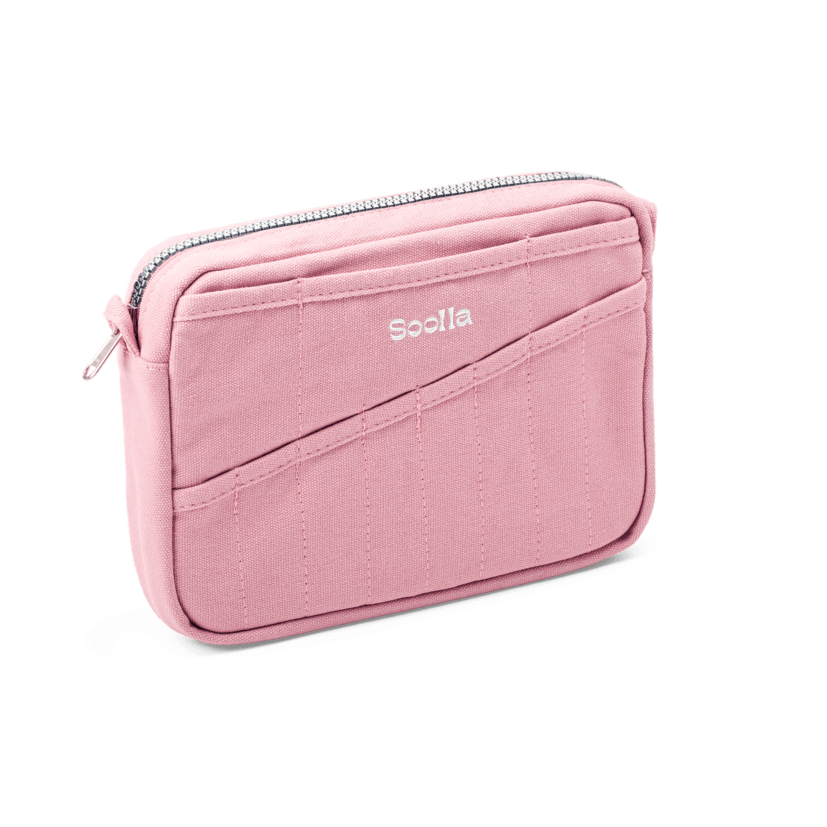 Pink travel pouch with a zipper on a black background
