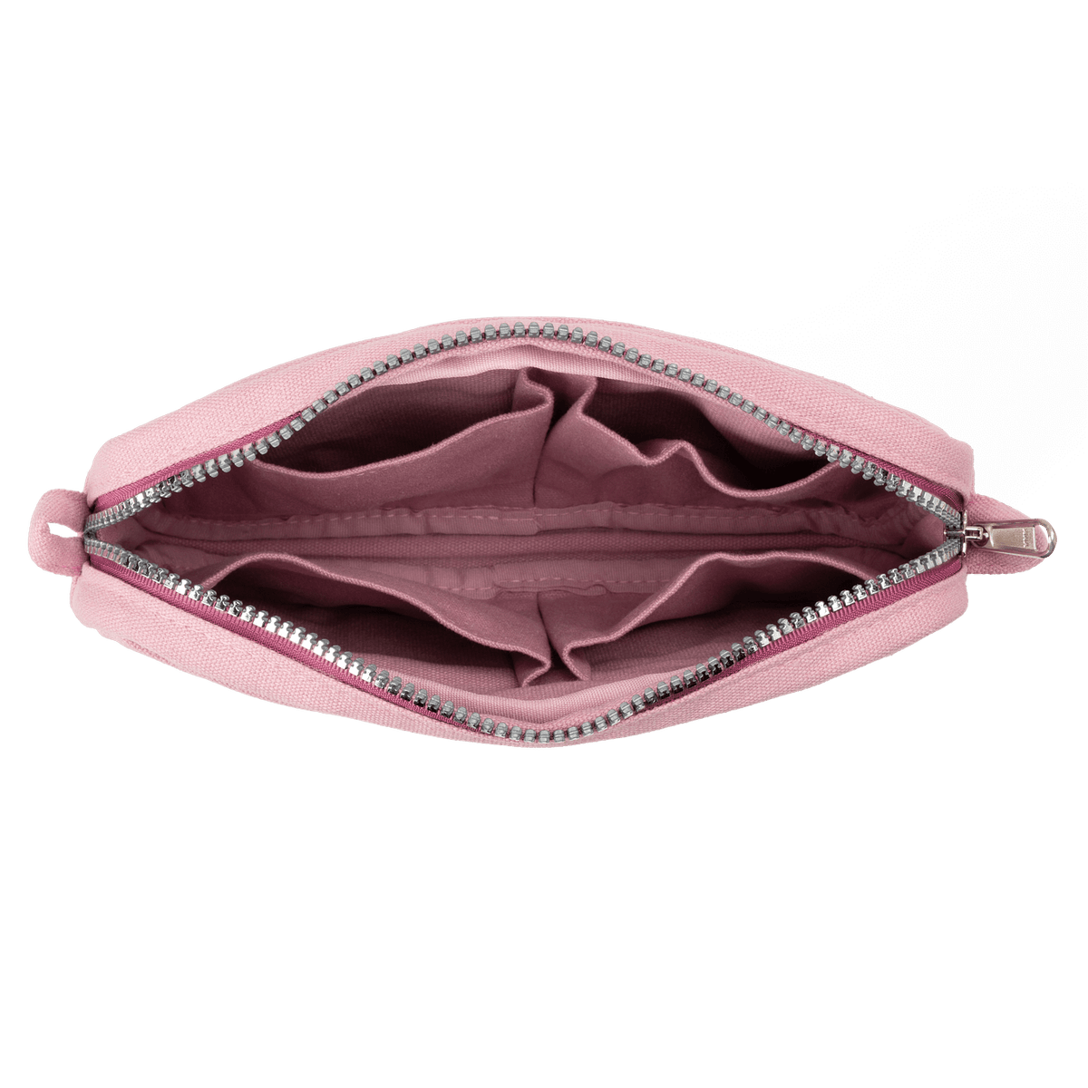 Pink pouch with zippers on a black background