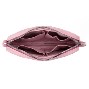 Pink pouch with zippers on a black background