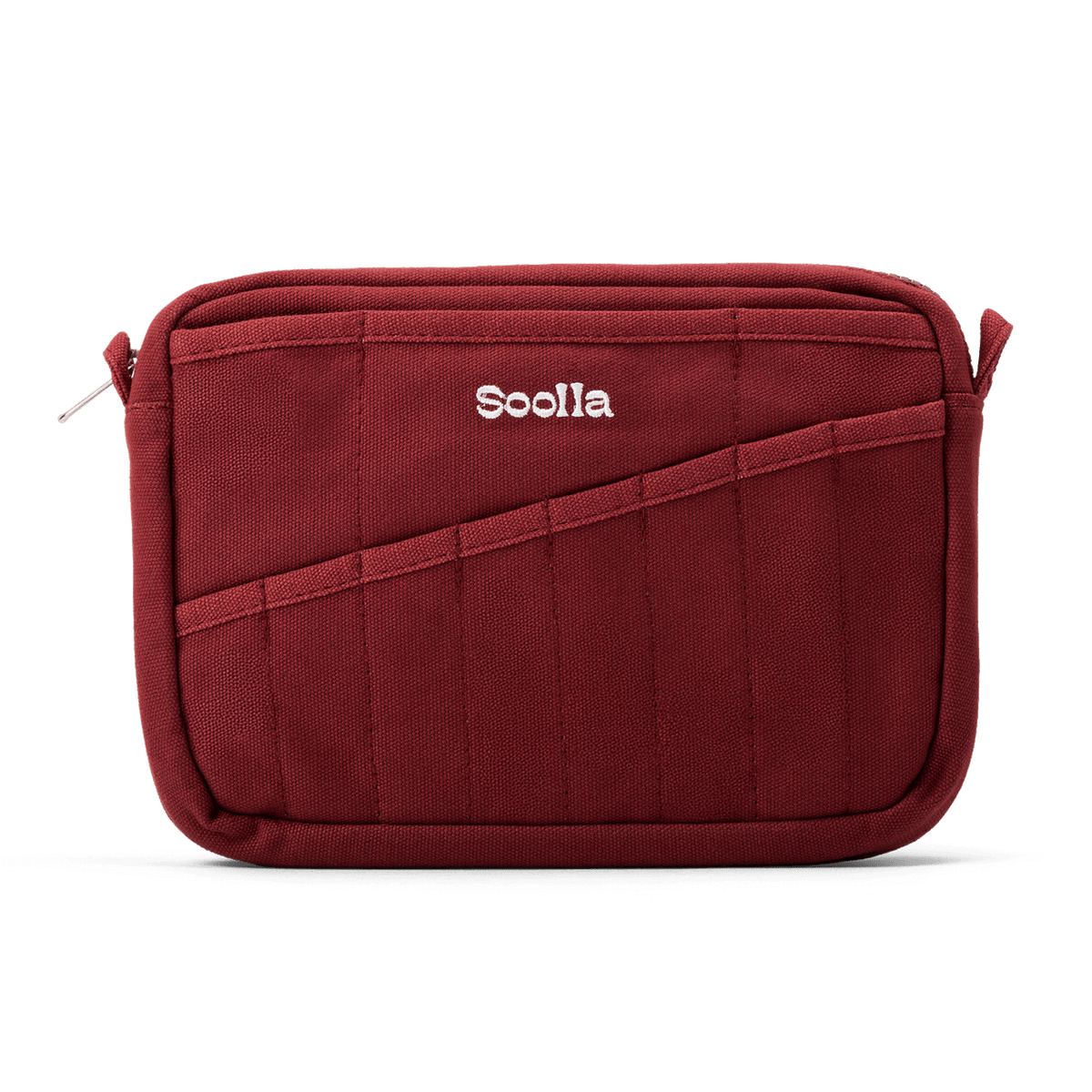 A red fabric pouch with a diagonal front pocket and the brand name 'Soolla' embroidered in white on the front, shown on a clean white background.