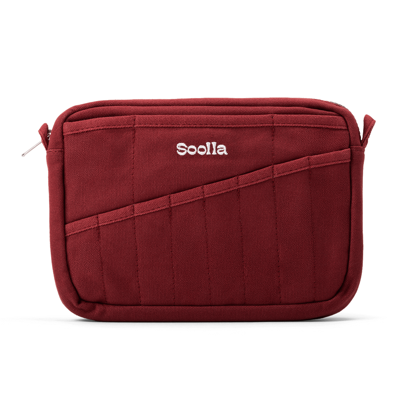 A red fabric pouch with a diagonal front pocket and the brand name 'Soolla' embroidered in white on the front, shown on a clean white background.