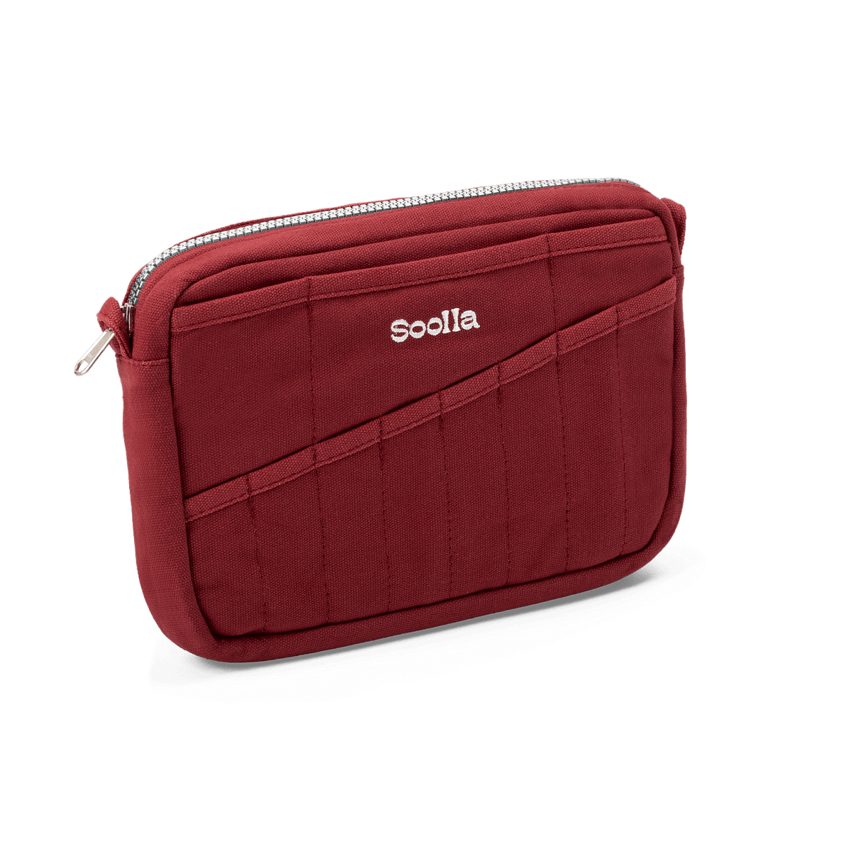 Red pouch with a zipper and 'Soolla' branding on a black background