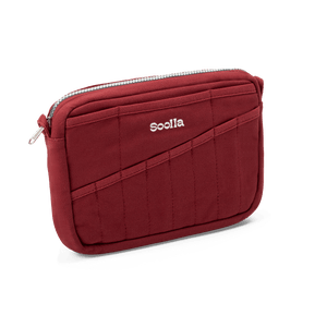 Red pouch with a zipper and 'Soolla' branding on a black background