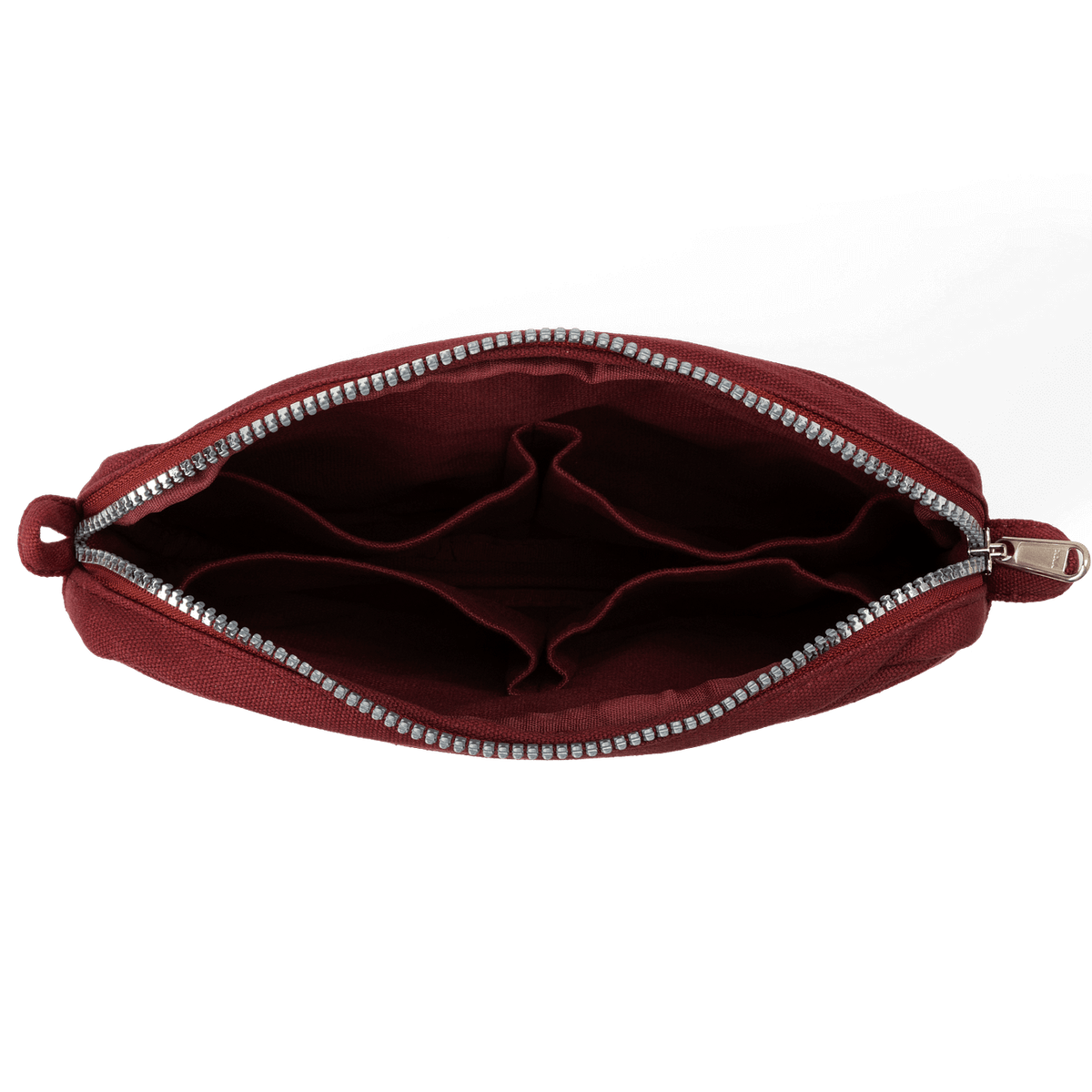 Red pouch with a zipper on a black background