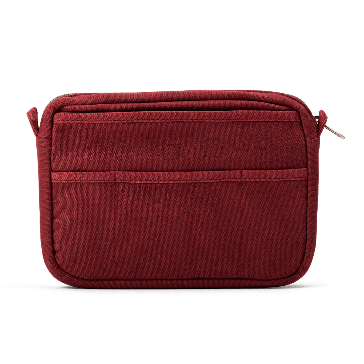 Red pouch with multiple compartments on a white background