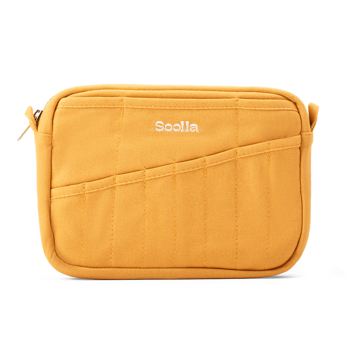 Yellow cpouch with 'Soolla' branding on a white background