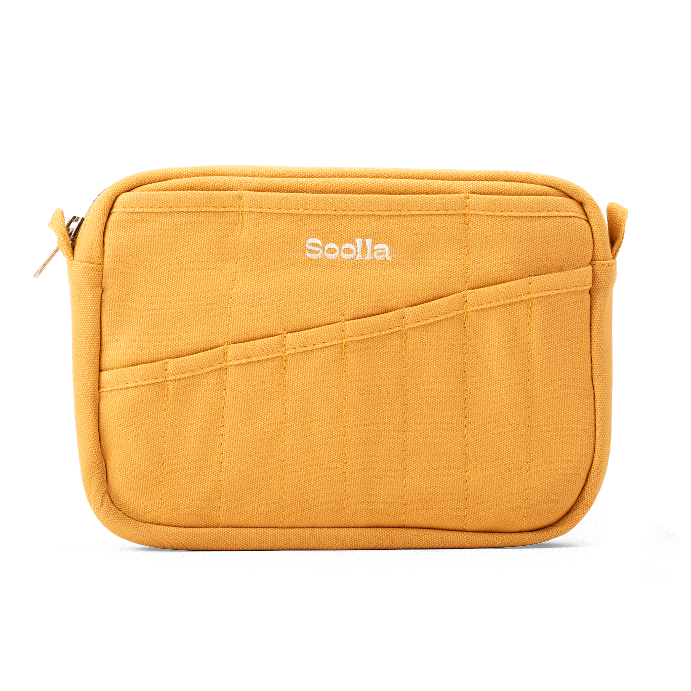 Yellow cpouch with 'Soolla' branding on a white background