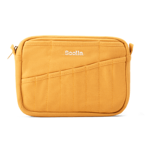 Yellow cpouch with 'Soolla' branding on a white background