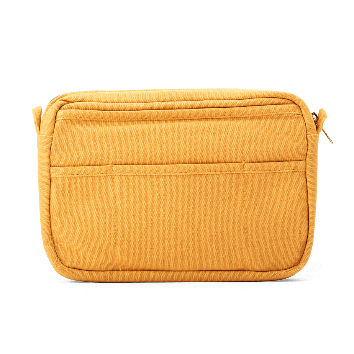 Yellow rectangular pouch with zippers on a black background