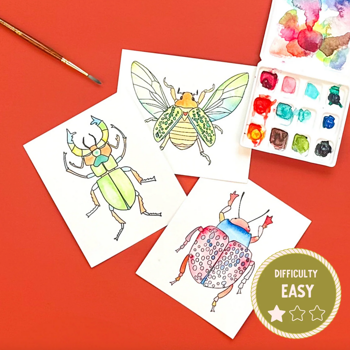 Coloring pages of insects with watercolor paints on a red background