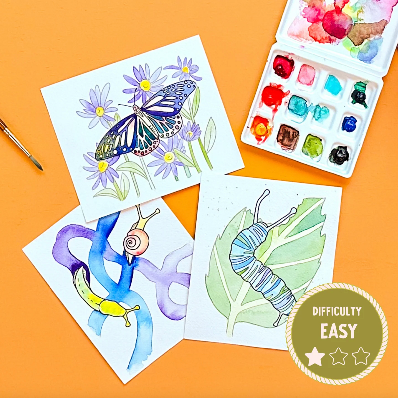 Coloring book pages with butterfly, snail, and caterpillar illustrations and watercolors on an orange background.
