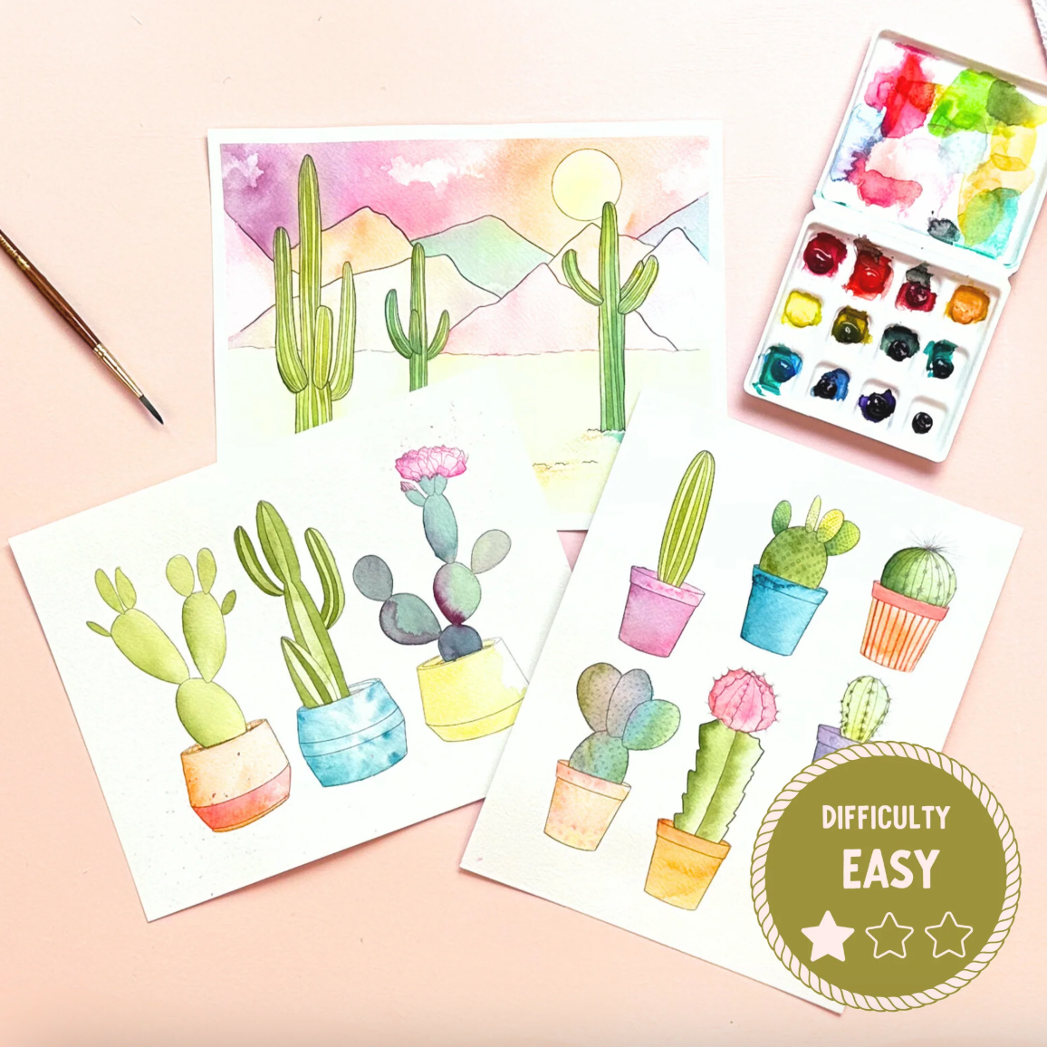 Coloring book with cactus illustrations and watercolor set on a pink background