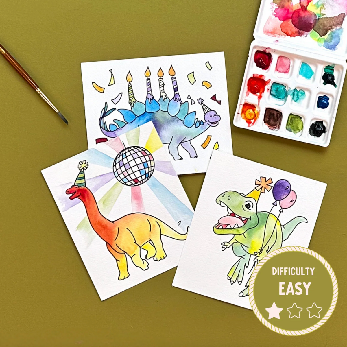 Coloring pages with dinosaurs, a paintbrush, and paint palette on a green background