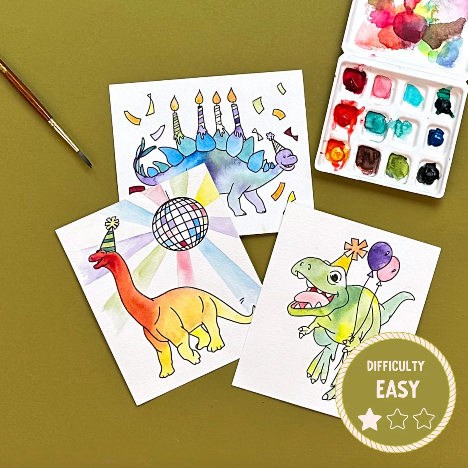 Coloring pages with dinosaurs, a paintbrush, and paint palette on a green background