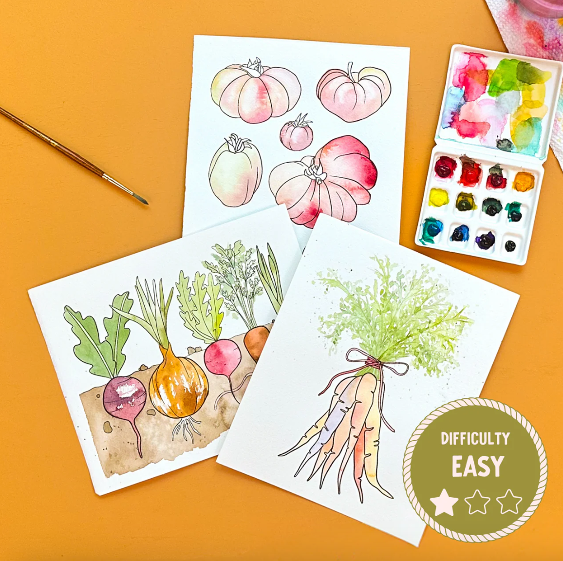 Coloring book pages with vegetables and watercolor paints on an orange background