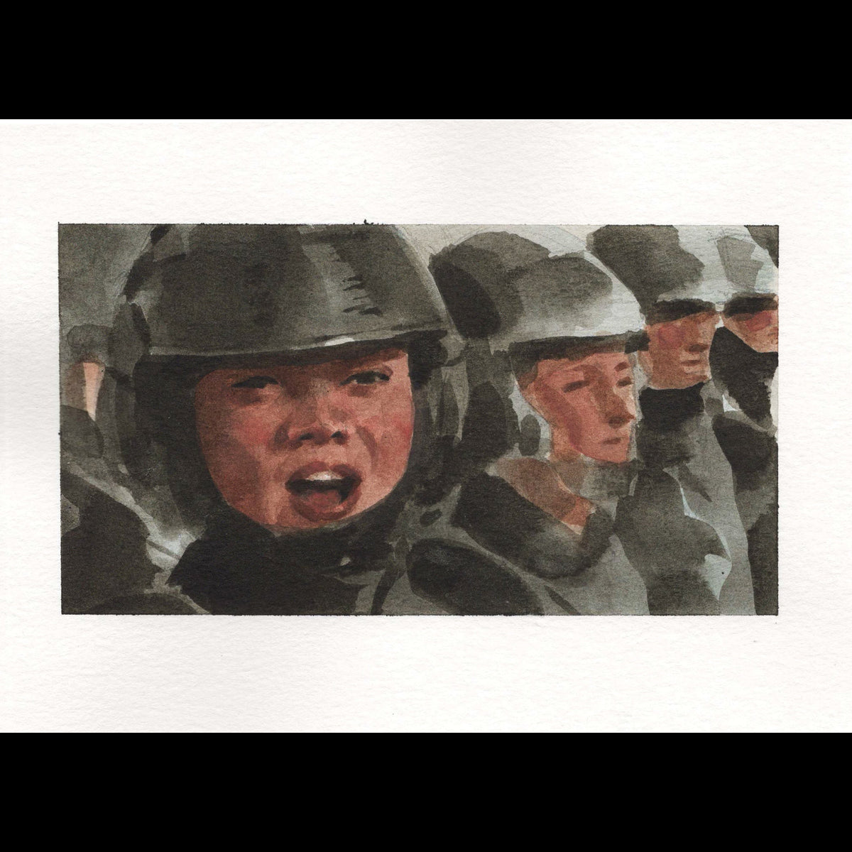 A watercolor painting of a group of police officers wearing helmets, with one officer in the foreground looking upward. The artwork is presented on a white paper background.