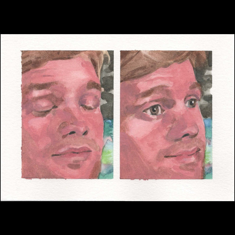 A watercolor portrait of the "blinking guy" meme on a white background