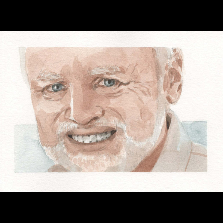 A watercolor portrait print of an older man with blue eyes, white hair, and a white beard, smiling. The artwork is presented on a textured off-white paper background with a light blue rectangular block behind the lower part of the portrait.