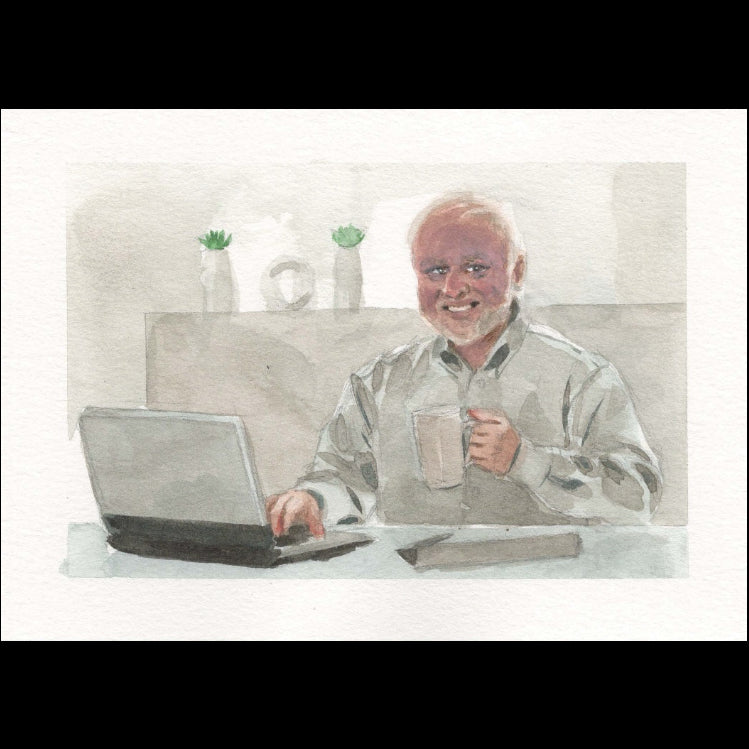 A watercolor-style illustration of an older man sitting at a desk, smiling while using a laptop and holding a mug. The scene is rendered in soft gray, beige, and muted green tones on a textured off-white background.