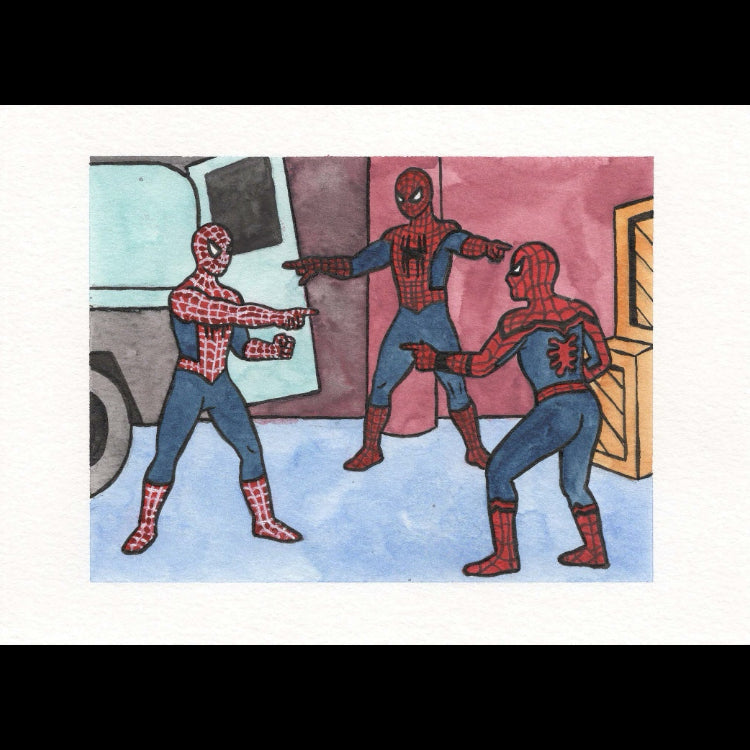 A watercolor-style illustration of three Spider-Man characters in red and blue suits pointing outward, set against a pink and blue background with a white border around the artwork.