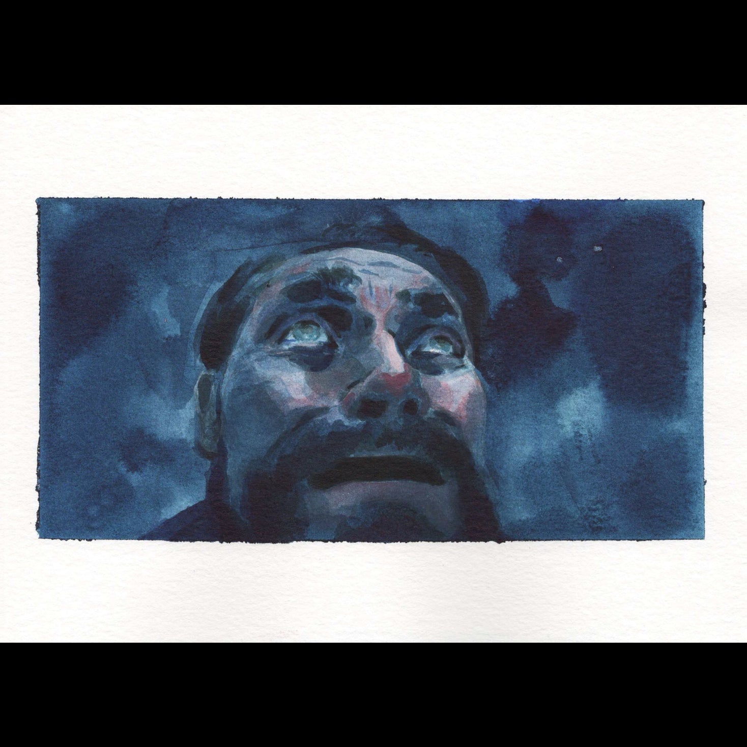 A watercolor painting of a man's face looking upward, rendered in deep blue tones with black shadows and subtle pink highlights, centered on a white paper background.